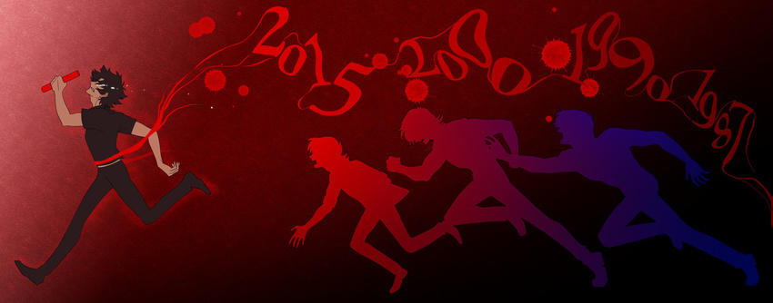 1987 1990 2000 2015 4boys black_hair blood blood_splatter commentary_request cyborg_009 cyborg_009_vs_devilman devilman devilman_crybaby fudou_akira highres leg1228 male_focus multiple_boys red_background relay_baton running sideburns silhouette simple_background tears