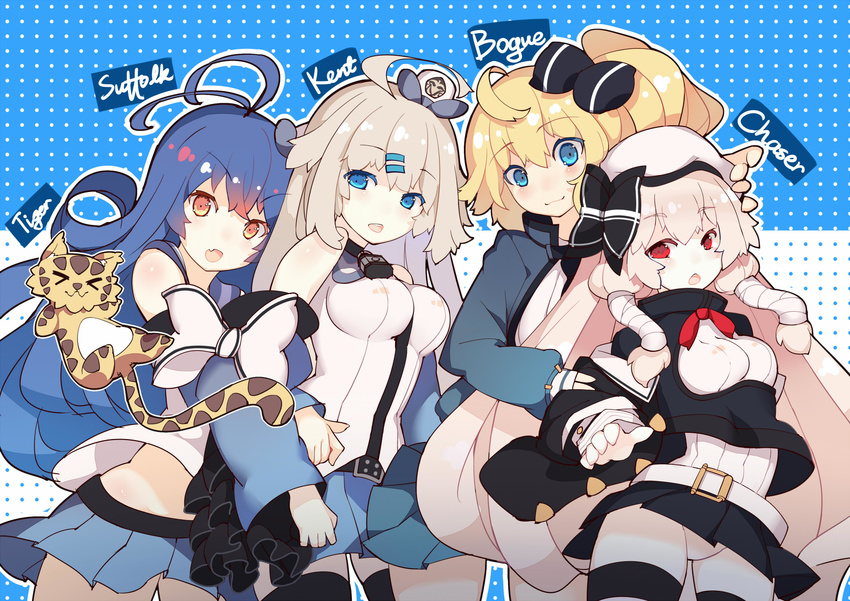 >_< 4girls ahoge belt beret black_bow black_jacket black_legwear blonde_hair blue_background blue_eyes blue_hair blue_jacket blue_skirt blush bogue_(mod)_(warship_girls_r) bogue_(warship_girls_r) bow breasts character_name chaser_(mod)_(warship_girls_r) chaser_(warship_girls_r) chibi closed_eyes closed_mouth colored_eyelashes commentary_request detached_sleeves fierce_tiger_(warship_girls_r) framed_breasts grey_hair hair_between_eyes hair_ornament hair_tubes hairclip hat highres jacket kent_(mod)_(warship_girls_r) kent_(warship_girls_r) lock long_hair long_sleeves looking_at_viewer medium_breasts mini_hat miniskirt multiple_girls oerba_yun_fang open_mouth orange_eyes padlock panties pink_hair pleated_skirt polka_dot polka_dot_background rain_lan red_bow red_eyes sailor_collar shirt side_ponytail skirt small_breasts smile suffolk_(warship_girls_r) thighhighs tiger two-tone_background underwear warship_girls_r white_background white_hat white_panties white_shirt