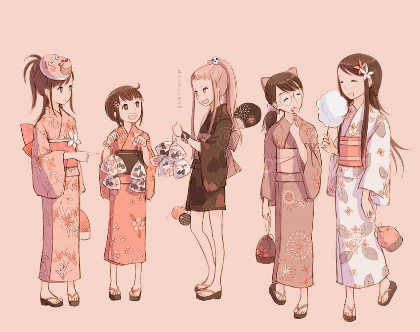 5girls black_hair black_kimono closed_eyes commentary_request cotton_candy floral_print flower glasses hair_flower hair_ornament hand_fan hatsuse_karila hinata_yachiyo japanese_clothes kimono kirishima_rento kokudou_juunigou mask multiple_girls mutsu_honoka paper_fan photoshop_(medium) pink_kimono print_kimono short_kimono short_yukata tokurei_sochi_dantai_stella_jogakuin_c3_bu uchiwa white_kimono yamato_yura yukata