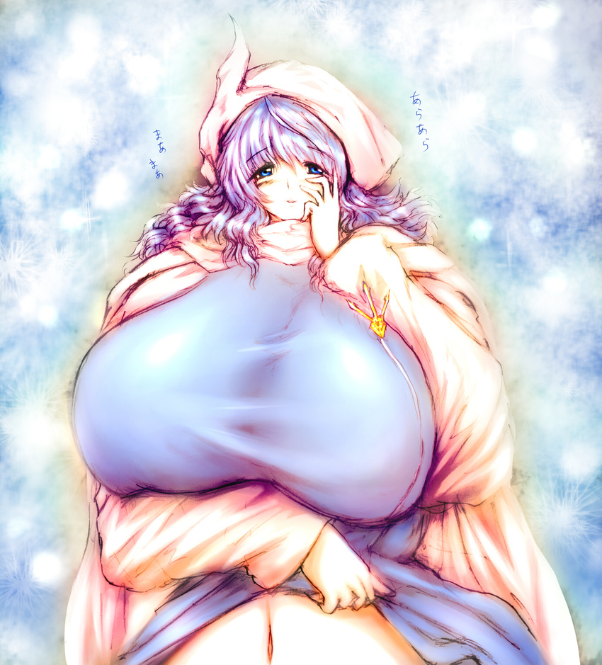 breasts dress fat female gigantic_breasts gradient gradient_background hat highres letty_whiterock milf navel purple_hair shirt_lift short_hair solo standing touhou tsukasawa_takamatsu tsukazawa