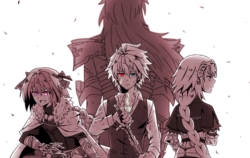 3boys ahoge armor armored_dress astolfo_(fate) back bangs braid cape capelet chains cloak commentary eyebrows_visible_through_hair fate/apocrypha fate_(series) female fokwolf fur_trim garter_straps gauntlets green_eyes hair_between_eyes hair_ornament hair_ribbon headpiece heterochromia highres holding holding_sheath holding_spear holding_sword holding_weapon jeanne_d'arc_(fate) jeanne_d'arc_(fate)_(all) long_braid long_hair long_sleeves looking_back male_focus multicolored_hair multiple_boys oerba_yun_fang pants pink_eyes polearm purple_eyes red_eyes ribbon ruler_(fate/apocrypha) saber_of_black scabbard sheath shirt short_hair sieg_(fate/apocrypha) single_braid skirt spear sword trap two-tone_hair very_long_hair waist_cape waistcoat weapon