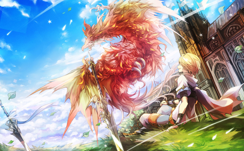 1boy bahamut_lagoon blonde_hair blue_sky bracer byuu cape cloud commentary_request day dragon grass highres house leaf looking_at_another male_focus outdoors planted planted_sword red_cape salamando sitting sky solo sword touka_(jue) weapon wind