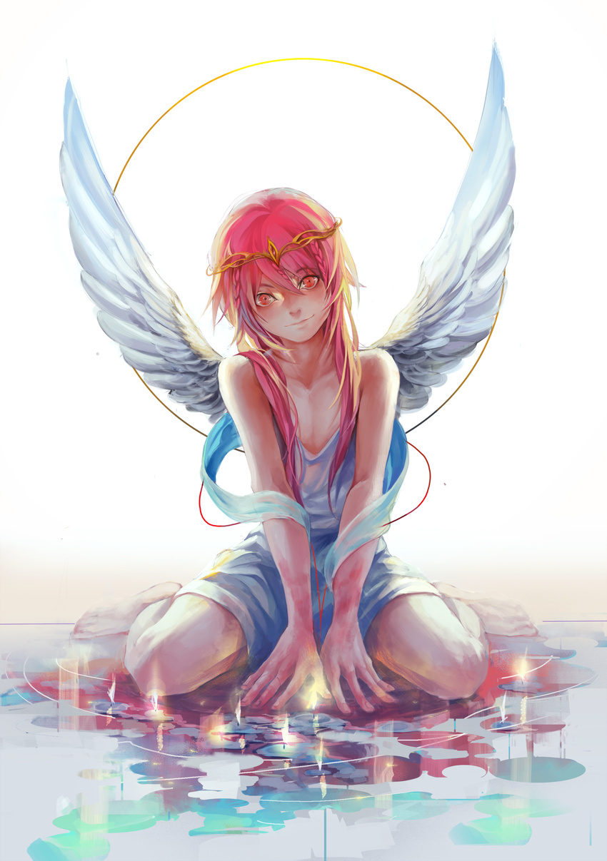 1boy absurdres bare_shoulders commentary_request cpieng full_body highres long_hair looking_at_viewer magi_the_labyrinth_of_magic male_focus orange_eyes photoshop_(medium) pink_hair ren_kouha shawl sitting smile solo tiara wariza wings