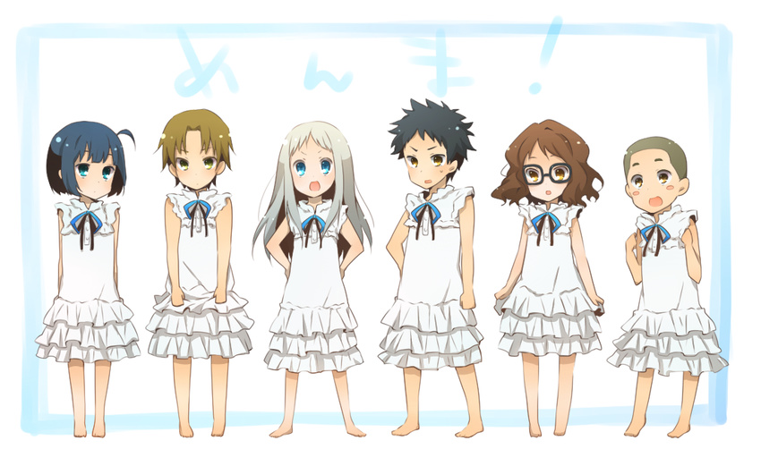 3boys 3girls aged_down anjou_naruko ano_hi_mita_hana_no_namae_wo_bokutachi_wa_mada_shiranai. bad_id bad_pixiv_id barefoot black_hair blue_eyes blush_stickers brown_eyes brown_hair cosplay crossdressing dress glasses green_eyes grey_hair hisakawa_tetsudou honma_meiko honma_meiko_(cosplay) kinokosuke long_hair matching_outfits matsuyuki_atsumu multiple_boys multiple_girls short_hair side_ponytail tsurumi_chiriko yadomi_jinta yellow_eyes