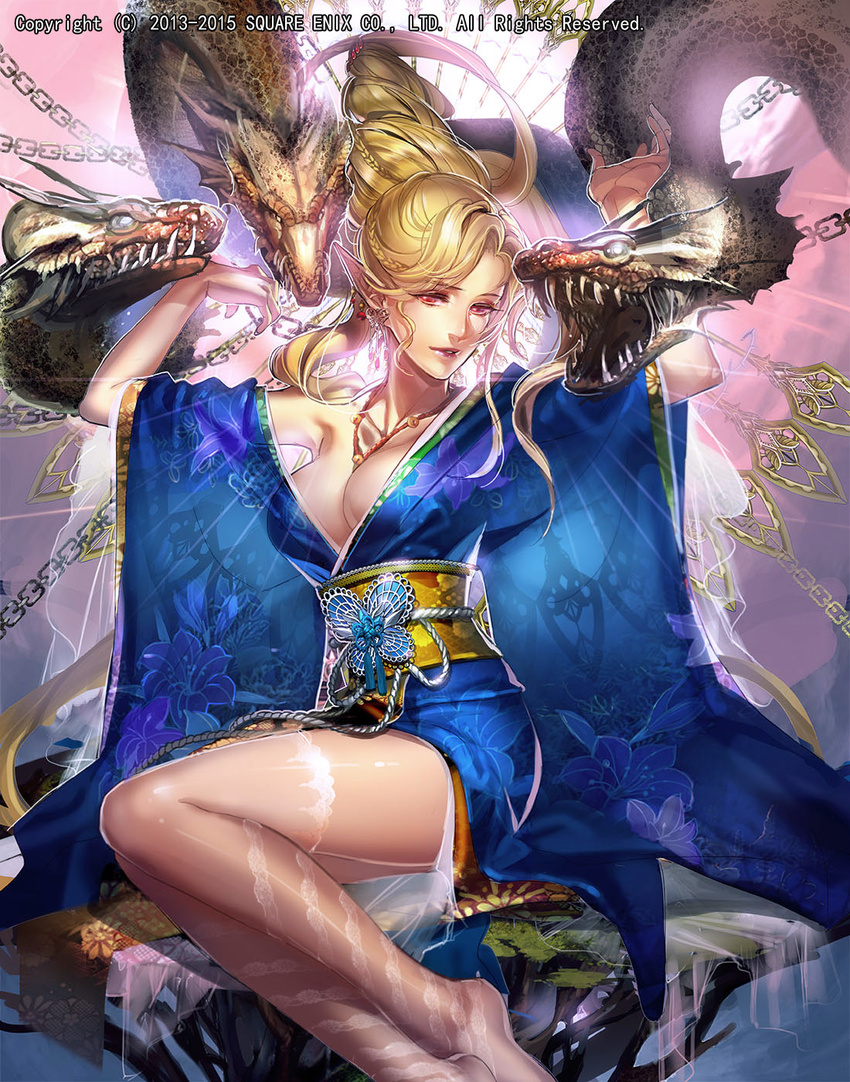 bare_shoulders barefoot blonde_hair blue_kimono breasts byunei commentary_request demon_girl earrings emperors_saga female hands_up highres hydra japanese_clothes jewelry kimono large_breasts legs_together liduke long_hair looking_at_viewer monster necklace no_bra obi official_art photoshop_(medium) pointy_ears red_eyes romancing_saga romancing_saga_3 saga sash see-through sitting solo thighhighs watermark