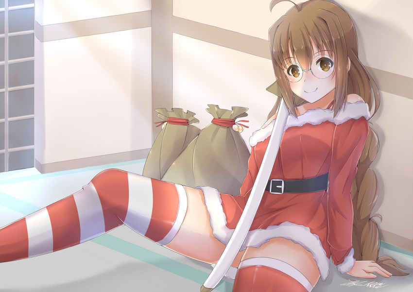 ahoge bare_shoulders blush braid breasts brown_eyes brown_hair christmas dress female glasses long_hair rakudai_kishi_no_cavalry smile thighhighs toudou_touka