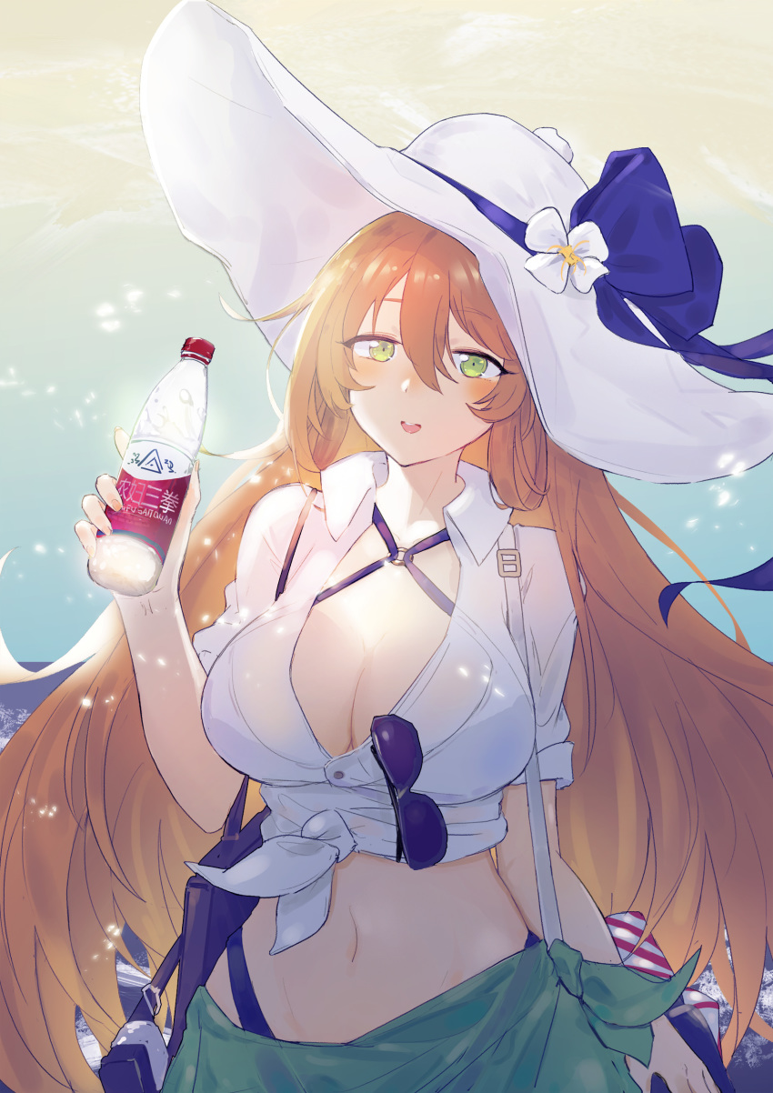 absurdres alternate_costume bad_id bad_pixiv_id bikini bikini_under_clothes blush bottle breasts brown_hair cleavage collarbone cooler cowboy_shot day eyewear_hang female girls'_frontline green_eyes groin hair_between_eyes hair_ribbon hair_rings hat highres holding holding_bottle large_breasts long_hair looking_at_viewer navel o-ring o-ring_bikini o-ring_top ocean official_alternate_costume oooomiga open_mouth outdoors photoshop_(medium) ponytail ribbon sarong shirt sidelocks sleeves_rolled_up smile solo springfield_(girls'_frontline) springfield_(stirring_mermaid)_(girls'_frontline) stomach sun_hat sunglasses swimsuit teeth tied_shirt unworn_eyewear upper_teeth_only white_shirt