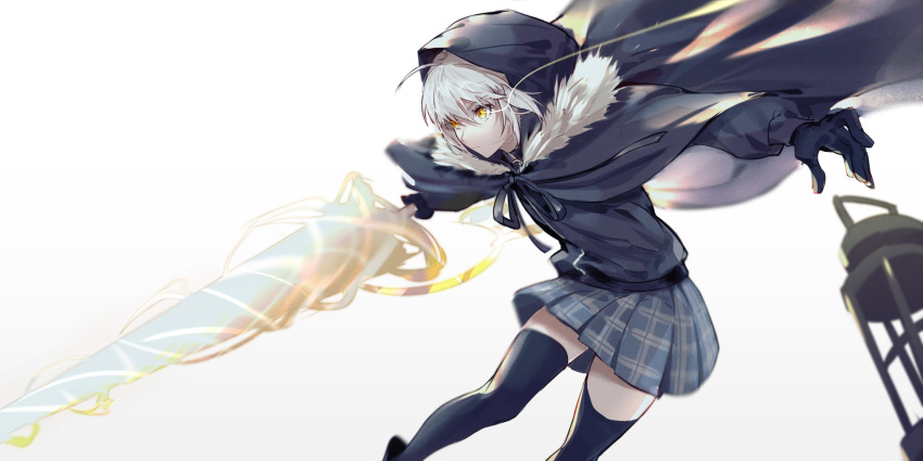 ahoge black_thighhighs cage commentary_request csyday fate/grand_order fate_(series) female gloves glowing glowing_eyes gray_(fate) grey_hair highres holding holding_cage hood hood_up lance lord_el-melloi_ii_case_files plaid plaid_skirt polearm rhongomyniad_(fate) skirt solo thighhighs weapon white_background yellow_eyes zettai_ryouiki