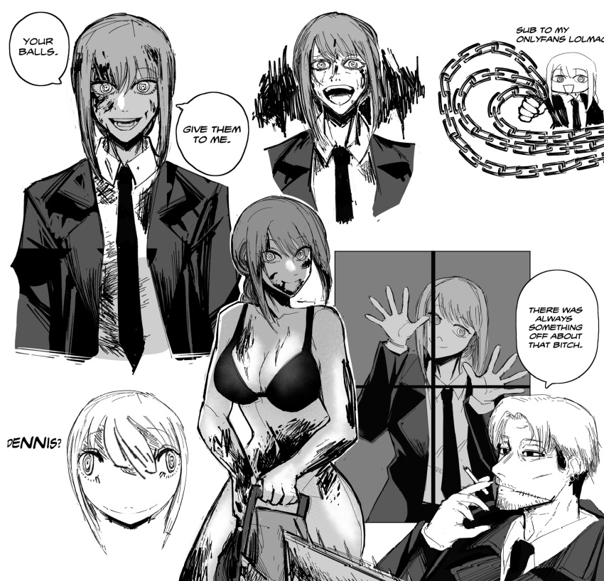 1boy american_psycho blood blood_on_clothes blood_on_face bra braid braided_ponytail breasts chains chainsaw chainsaw_man closed_mouth collared_shirt commentary english_commentary english_text female formal greyscale heartbreak_juan highres holding holding_chainsaw kishibe_(chainsaw_man) large_breasts long_coat long_hair looking_at_viewer makima_(chainsaw_man) medium_hair monochrome necktie office_lady open_mouth patrick_bateman ringed_eyes shirt sidelocks simple_background smile solo_focus speech_bubble suit underwear