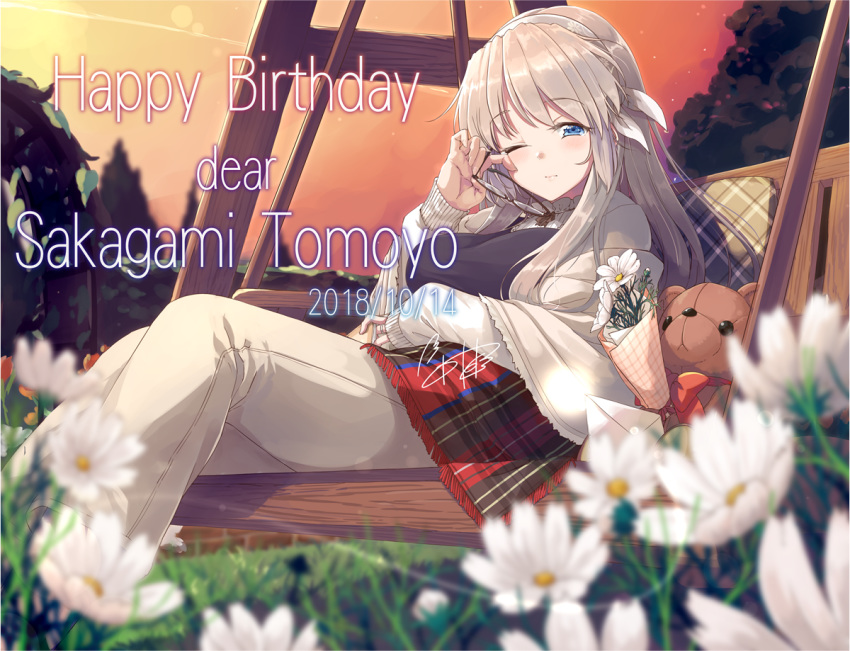 clannad flowers naka_akira sakagami_tomoyo teddy_bear wink