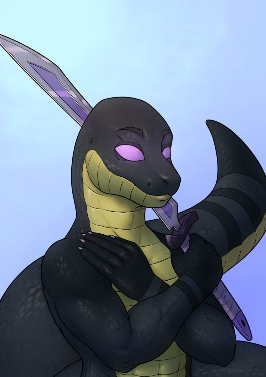 anthro apode bust_portrait draconcopode freya_manibrandr hi_res legless male melee_weapon muscular muscular_anthro muscular_male naga ophidian portrait reptile scalie serpentine snake solo sword tagme weapon