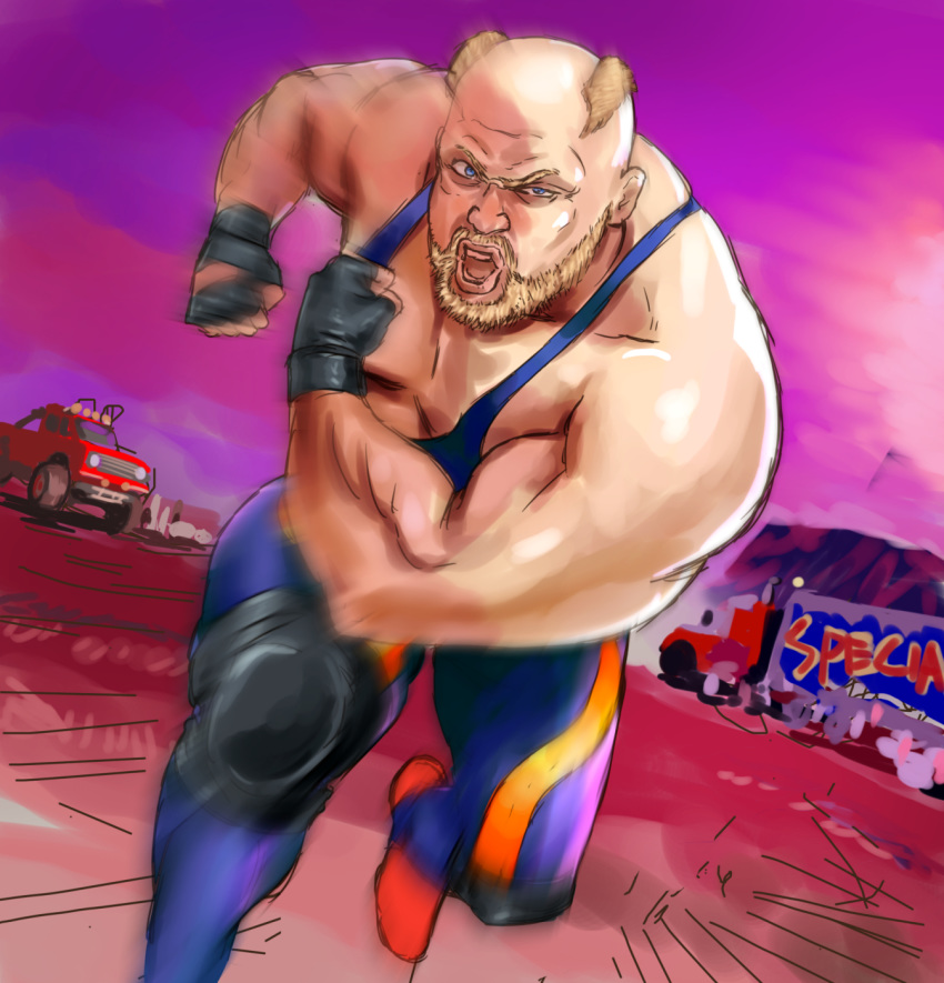 1boy bald beard big_bear blonde_hair boots car commentary_request facial_hair fatal_fury fingerless_gloves gloves highres l.g_(greenforce1) male_focus motor_vehicle moustache open_mouth snk solo teeth