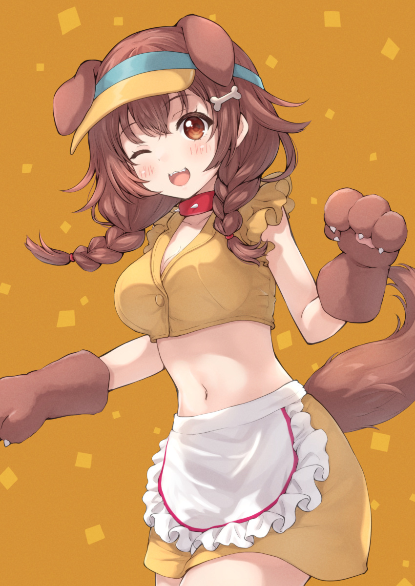 absurdres animal_collar animal_ears animal_hands apron blush bone_hair_ornament braid breasts brown_background brown_eyes brown_hair brown_theme cartoon_bone cleavage collar comiket_101 cowboy_shot crop_top dog_ears dog_girl dog_tail doggy_god's_street fangs female frills gloves hair_ornament highres hololive inugami_korone large_breasts long_hair looking_at_viewer low_twin_braids midriff miyabi_(miyabeeya) navel one_eye_closed open_mouth orange_background orange_theme paw_gloves shirt skirt smile solo tail twin_braids virtual_youtuber waist_apron