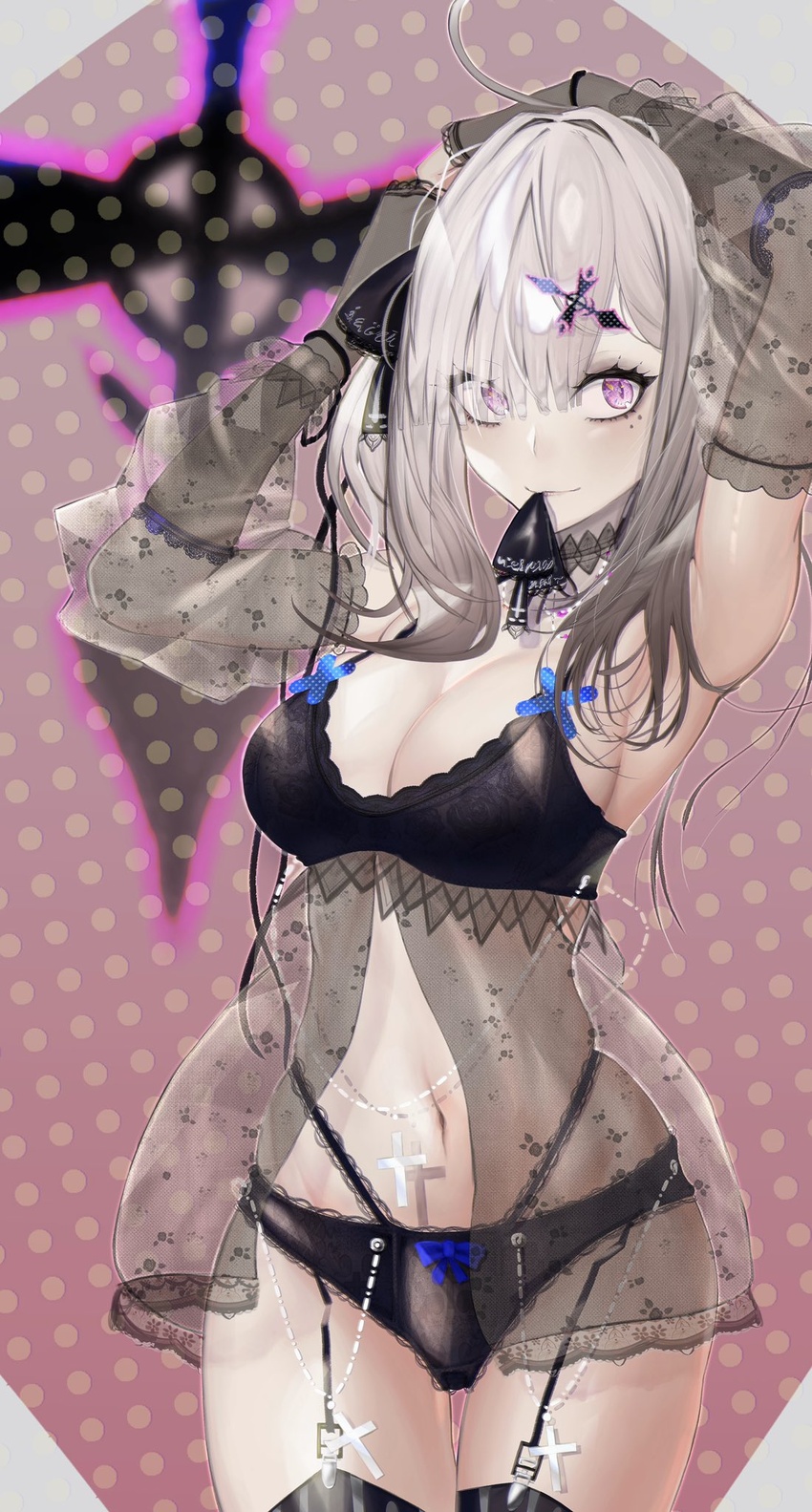 ahoge arm_behind_head arms_up babydoll black_babydoll black_choker black_panties black_ribbon black_thighhighs bow bow_panties breasts choker cleavage closed_mouth commentary_request cowboy_shot cross crotch_seam detached_sleeves eyes_visible_through_hair female frilled_choker frills garter_straps gurumyuu hair_ornament hair_ribbon hat highres jewelry lace lace-trimmed_panties lace_trim large_breasts lingerie looking_at_viewer medium_hair mole mole_under_eye mouth_hold necklace nijisanji nurse_cap pale_skin panties purple_eyes ribbon see-through skindentation slit_pupils smile solo standing sukoya_kana thigh_gap thighhighs twintails underwear virtual_youtuber white_hair x_hair_ornament