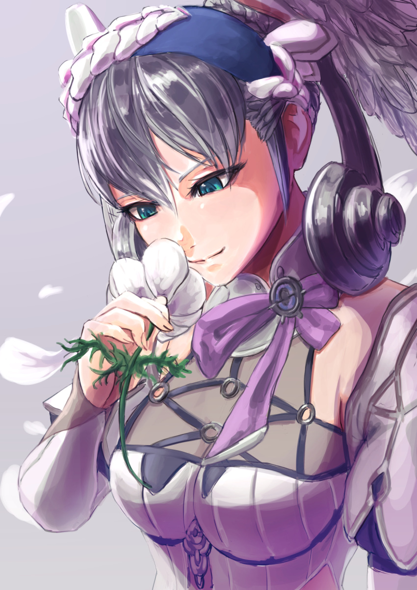 blue_eyes braid breasts crown_braid female flower grey_background grey_hair hair_between_eyes head_wings highres ikastak juliet_sleeves long_sleeves medium_breasts melia_antiqua o-ring o-ring_top protected_link puffy_sleeves smelling_flower smile solo upper_body white_flower wings xenoblade_chronicles:_future_connected xenoblade_chronicles_(series) xenoblade_chronicles_1