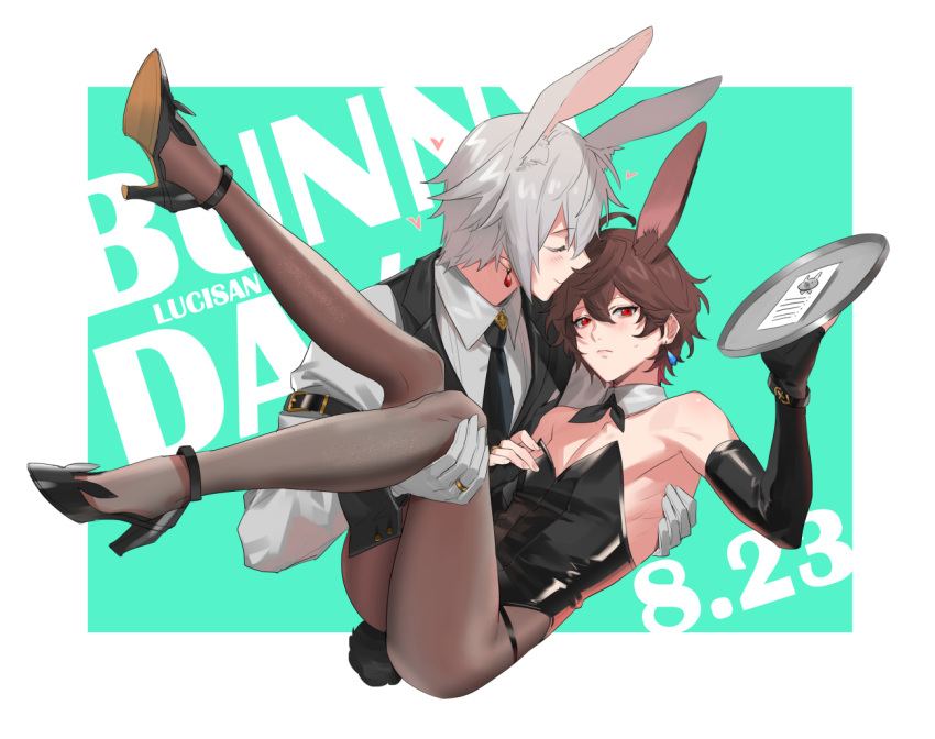 2boys ahoge androgynous animal_ears black_footwear black_leotard black_vest blush border brown_hair brown_pantyhose carrying closed_mouth crossdressing dated earrings elbow_gloves fingerless_gloves full_body gloves granblue_fantasy green_background grey_gloves grey_hair grey_shirt hair_between_eyes high_heels jewelry legs leotard looking_at_viewer lucifer_(shingeki_no_bahamut) male_focus male_playboy_bunny multiple_boys pantyhose princess_carry rabbit_ears red_eyes ring sandalphon_(granblue_fantasy) shiny_clothes shirt short_hair tekki_(tki) thighs tray vest wedding_ring white_border yaoi