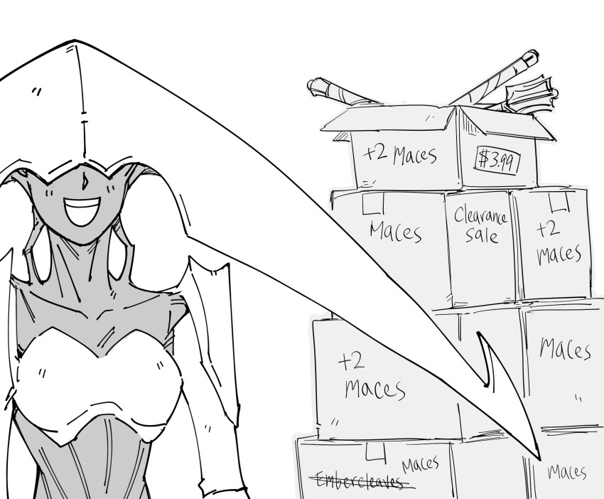 :d bb_(baalbuddy) box cardboard_box commentary covered_eyes elesh_norn english_commentary english_text female greyscale highres mace magic:_the_gathering monochrome negative_space simple_background smile solo upper_body weapon white_background