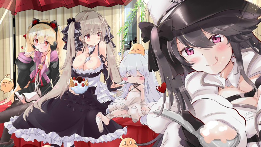 4girls animal_ear_headphones animal_ears azur_lane black_hair blonde_hair breasts cat_ear_headphones chibi cleavage commentary_request concord_(azur_lane) dress fake_animal_ears food formidable_(azur_lane) hair_between_eyes hat headphones large_breasts le_malin_(azur_lane) long_hair long_sleeves looking_at_viewer manjuu_(azur_lane) multiple_girls pamiat_merkuria_(azur_lane) purple_eyes red_eyes ribbon skirt smile tonchinkan twintails very_long_hair