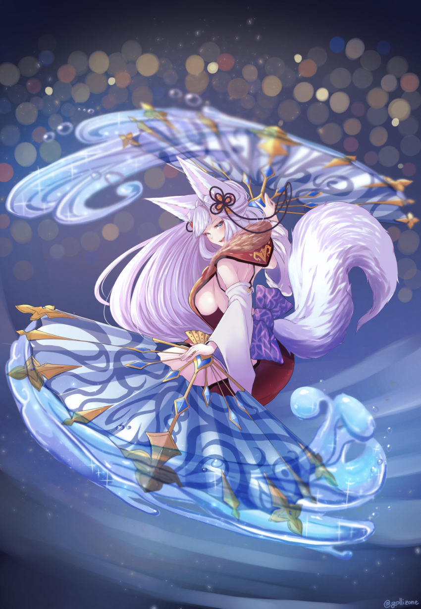 animal_ears blue_eyes bow breasts erune female fox_ears fox_girl fox_tail gollizo granblue_fantasy hand_fan highres large_breasts long_hair sideboob societte_(granblue_fantasy) solo tail tail_bow tail_ornament twitter_username water white_hair