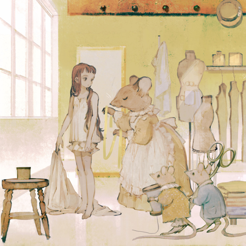 animal animal_in_clothes barefoot bloomers brown_hair camisole dress dress_form dress_removed female hat highres indoors lolicon long_hair mirror mouse original rt0no scissors spool stool tailor tape_measure thread underwear window