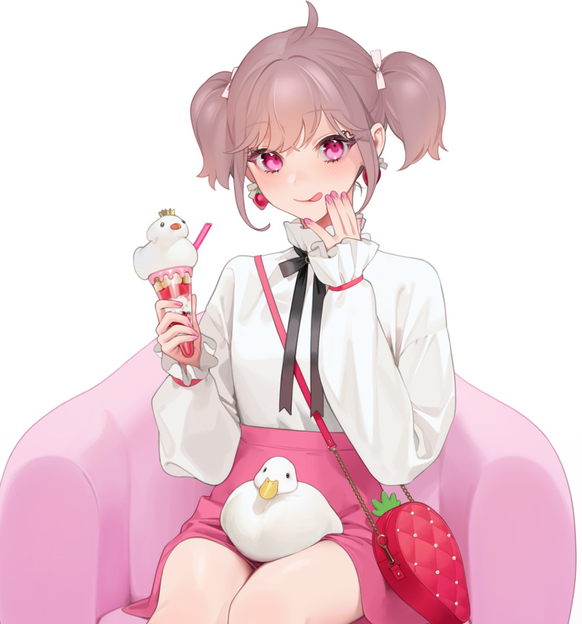 animal_on_lap bag bird black_ribbon bow brown_hair closed_mouth commentary_request drink drinking_straw duck earrings female food food-themed_bag food-themed_earrings fruit grey_hair hairbow hand_up highres holding holding_drink jewelry kirara_akaru licking_lips long_sleeves looking_at_viewer neck_ribbon ohisashiburi on_chair on_lap pink_eyes pink_hair pink_nails pink_skirt pink_theme project_luminasys ribbon shirt shirt_tucked_in short_twintails shoulder_bag sitting skirt sleeves_past_wrists solo strawberry strawberry_bag strawberry_earrings tongue tongue_out twintails white_background white_bow white_shirt