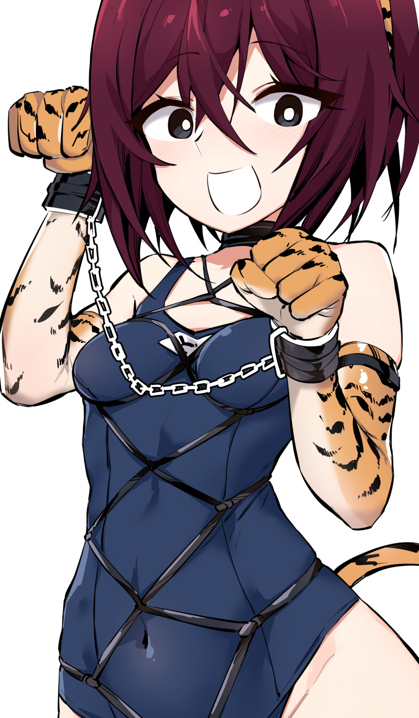 :d absurdres animal_ears animal_hands animal_print black_eyes blue_one-piece_swimsuit bob_cut bondage bondage bondage bound breasts bright_pupils brown_hair commentary covered_navel cuffs elbow_gloves fake_animal_ears fake_tail female gloves highres kinbakuman m-chan_(kinbakuman) old_school_swimsuit one-piece_swimsuit original paw_gloves paw_pose print_gloves school_swimsuit shackles shibari_over_clothes short_hair simple_background small_breasts smile solo swimsuit tail tiger_ears tiger_print tiger_tail white_background white_mouth white_pupils