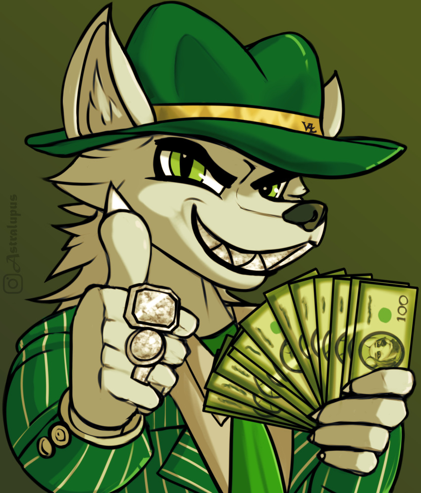 absurd_res anthro astralupus canid canine canis claws clothing fedora fur furgonomics gangster gangster_spongebob gesture green_clothing green_eyes grin hair hand_gesture hat headgear headwear hi_res inner_ear_fluff jewelry long_hair male mammal meme money necktie reaction_image ring sharp_teeth simple_background smile solo suit tan_body tan_fur teeth thumbs_up tuft wolf