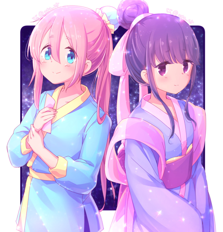 2girls alternate_costume alternate_hairstyle atu bad_id bad_pixiv_id blue_eyes blue_hair blue_kimono blue_pants border commentary_request cosplay eyes_visible_through_hair hagoromo hair_between_eyes hair_bun hair_ornament hair_ribbon hair_tie highres hikoboshi hikoboshi_(cosplay) holding holding_own_wrist japanese_clothes kagamihara_nadeshiko kimono light_blush light_particles long_hair long_sleeves looking_at_viewer multiple_girls night night_sky orihime_(tanabata) orihime_(tanabata)_(cosplay) outside_border own_hands_together pants pink_hair ponytail purple_eyes ribbon shawl shima_rin short_kimono short_yukata signature single_hair_bun sky smile standing tanabata white_border yukata yurucamp