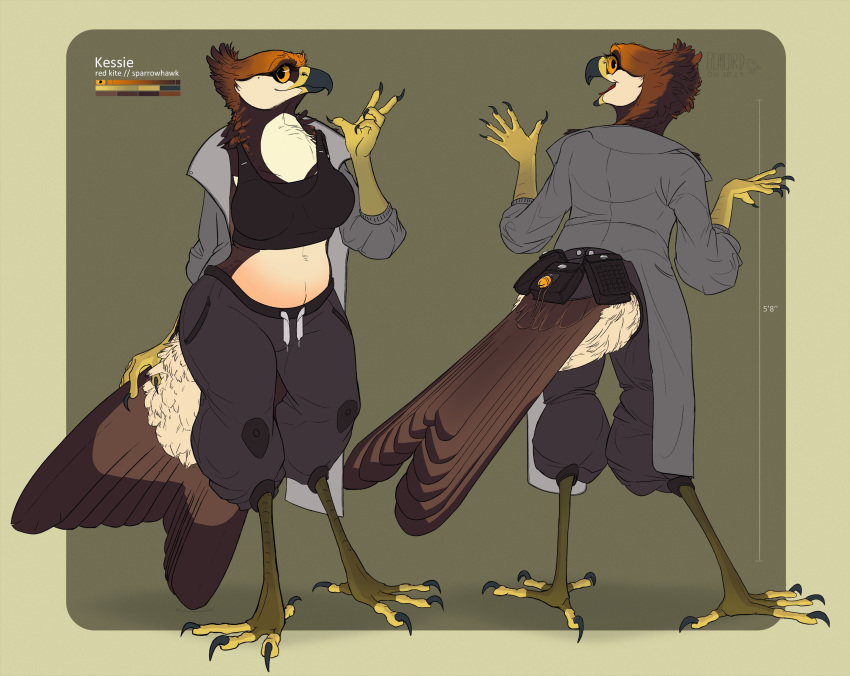 2019 4_toes 5_fingers accipitrid accipitriform anisodactyl anthro avian beak big_breasts bird bombird breasts brown_body brown_feathers character_name claws clothed clothing color_swatch curvy_figure digital_media_(artwork) feathers feet female finger_claws fingers fluffy hi_res hybrid kessie_(bombird) kite_(bird) looking_at_viewer looking_back looking_back_at_viewer midriff model_sheet non-mammal_breasts open_beak open_mouth open_smile orange_eyes red_kite scales simple_background slightly_chubby smile solo tail tail_feathers talons thick_thighs toe_claws toes true_hawk voluptuous wide_hips