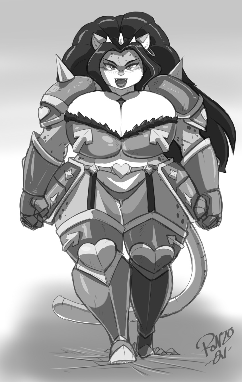 absurd_res anthro armor big_breasts bikini_armor breast_implants breasts cracked_ground crosshair_eyes deity ear_piercing ear_ring elpis_dugan felid feline female fur_trim_(clothing) heart_symbol hi_res huge_breasts mammal monochrome muscular muscular_anthro muscular_female open_mouth open_smile pantherine piercing qualuon ring_piercing shonuff smile snow_leopard solo stomping unconvincing_armor