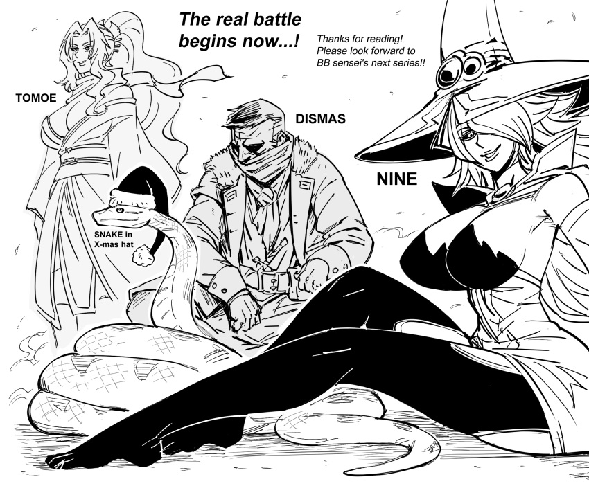 1boy 2girls bandana bb_(baalbuddy) belt black_sclera blazblue breasts cleavage colored_sclera commentary crossover darkest_dungeon english_commentary english_text greyscale hair_over_one_eye hat highres highwayman_(darkest_dungeon) japanese_clothes kimono konoe_a._mercury large_breasts long_sleeves looking_at_viewer monochrome multiple_crossover multiple_girls obi one_eye_covered pantyhose ponytail santa_hat sash sitting smile snake squatting tomoe_(tsuki_ga_michibiku_isekai_douchuu) tsuki_ga_michibiku_isekai_douchuu white_background witch_hat