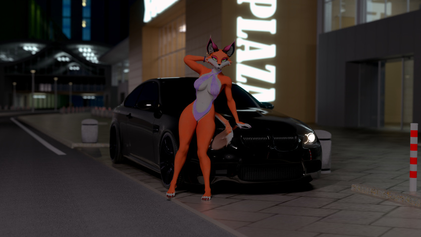 16:9 3d_(artwork) angel_eyes anthro avoid_posting barefoot bikini blender_(artwork) blender_cycles bmw bmw_m3 canid canine canis car city clothing digital_media_(artwork) ear_piercing feet female floor fox foxxy_vixen foxy_(original) heart_symbol hi_res inner_ear_fluff lights mall mammal night one-piece_swimsuit parking_lot piercing pinup plaza pose sidewalk sling_bikini solo street swimwear tile tile_floor tuft tuning vehicle widescreen