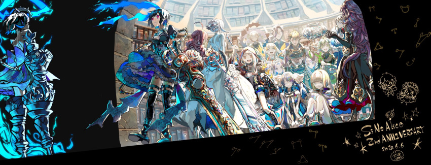 4boys 6+girls abs ahoge aladdin_(sinoalice) alice_(sinoalice) animal_ears anki_(sinoalice) apron armor bad_id bad_twitter_id belt black_hair blonde_hair blue_hair blue_little_pig_(sinoalice) blunt_bangs bob_cut book bookshelf boots braid breastplate briar_rose_(sinoalice) buckle chains choker closed_eyes closed_mouth dorothy_(sinoalice) dress elbow_gloves energy_wings everyone flower formal glasses gloves green_eyes green_hair green_little_pig_(sinoalice) gretel_(sinoalice) grey_eyes hair_ornament hair_ribbon hameln_(sinoalice) hanazome_march happy hat headdress high_collar highres holding holding_weapon hood hood_up kaguya_(sinoalice) kneeling legband long_hair looking_at_another looking_at_viewer looking_down multiple_boys multiple_girls ningyo_hime_(sinoalice) orange_eyes otoko_no_ko petticoat pig_ears pinocchio_(sinoalice) plant puffy_short_sleeves puffy_sleeves purple_hair rapunzel_(sinoalice) red_eyes red_flower red_little_pig_(sinoalice) red_riding_hood_(sinoalice) red_rose ribbon rose sad scared short_hair short_sleeves siblings sidelocks sinoalice sisters sleeping snow_white_(sinoalice) sparkle staff suit sword thighhighs thorns twintails vines weapon white_dress zettai_ryouiki