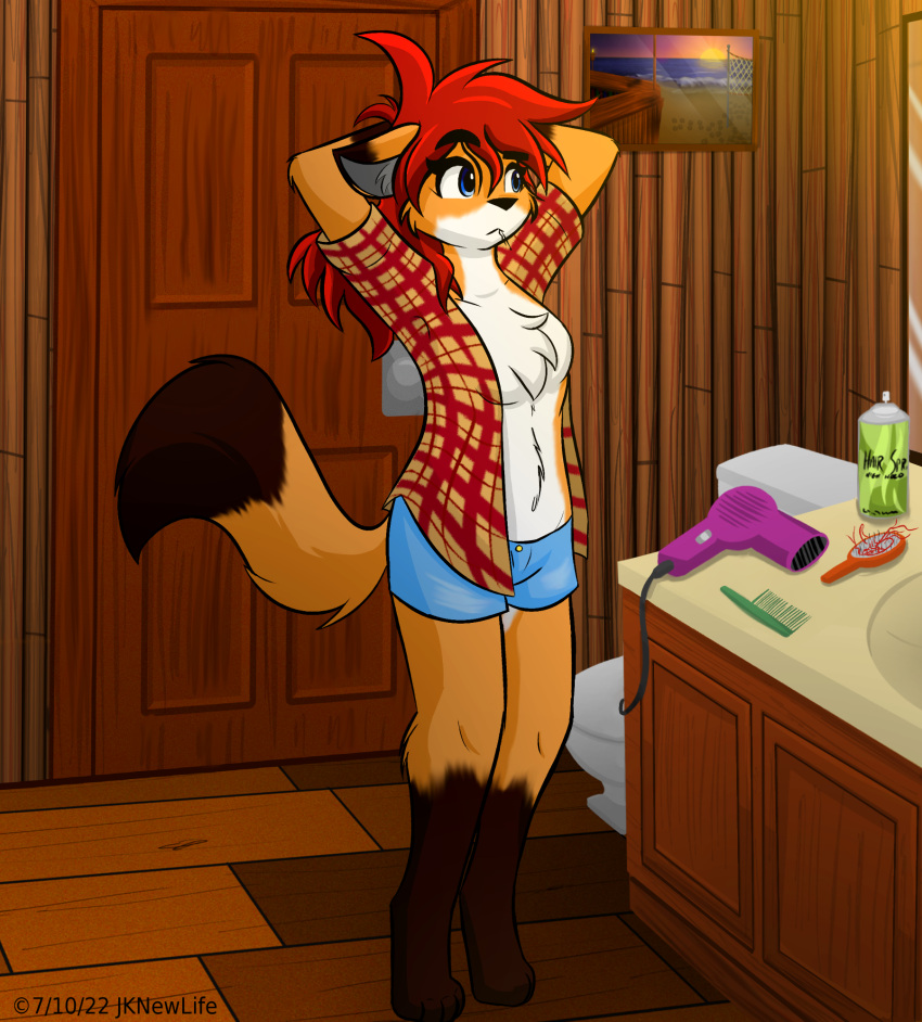 anthro bathroom bottomwear brush canid canine clothing comb_(brush) dryer female fox hair_dryer hairbrush hairspray hi_res jknewlife mammal sara_aria shorts solo toilet