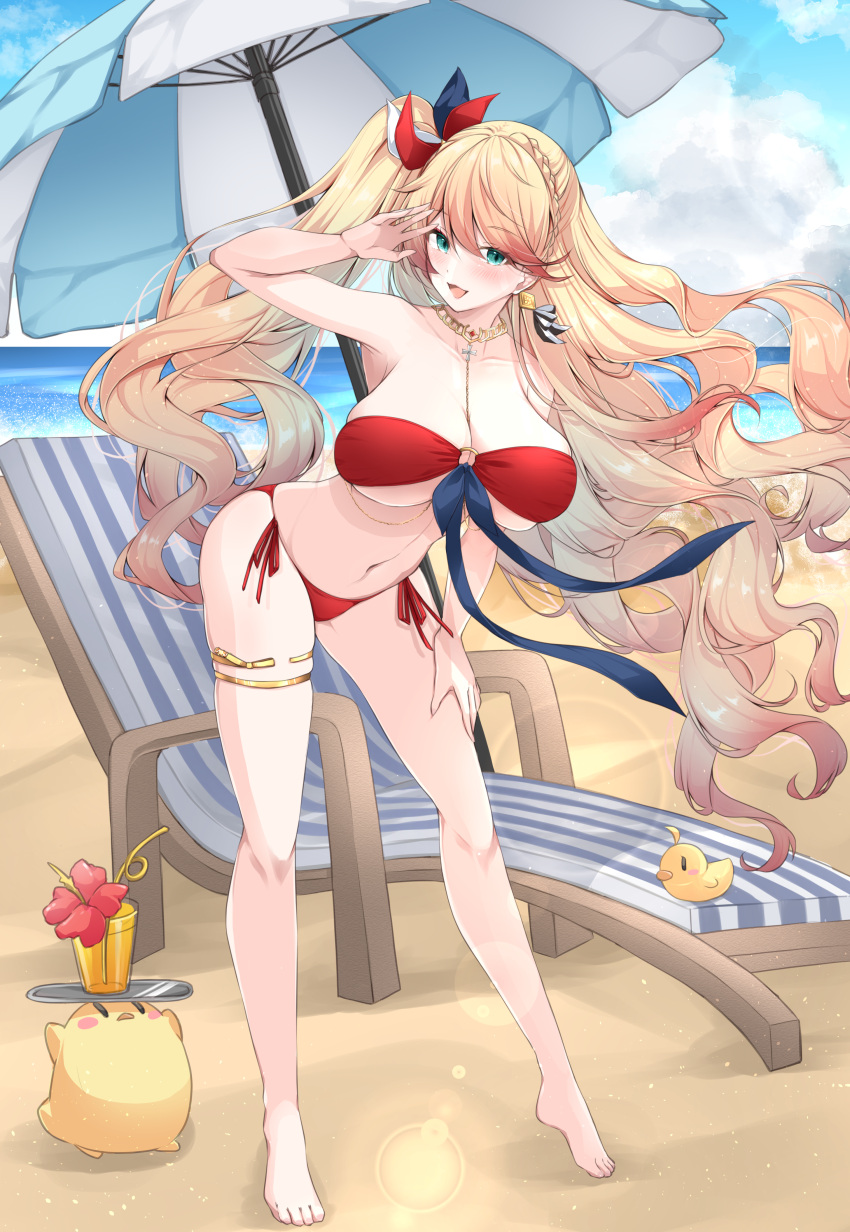 absurdres alternate_costume alternate_hairstyle azur_lane beach beach_chair beach_umbrella bikini black_ribbon blonde_hair collarbone day female full_body gold gradient_hair highres howe_(azur_lane) leaning_forward manjuu_(azur_lane) mikuchi3939 multicolored_hair navel o-ring o-ring_bikini open_mouth outdoors red_bikini red_hair ribbon sand side-tie_bikini_bottom solo summer swimsuit thighlet tropical_drink umbrella water