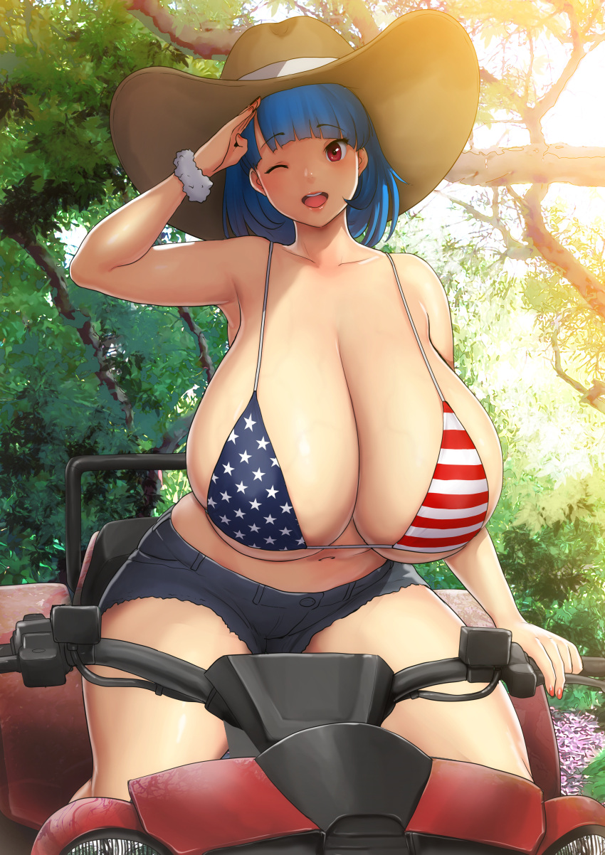 absurdres american_flag american_flag_bikini american_flag_print bikini blue_hair blunt_bangs breasts cleavage cowboy_hat dappled_sunlight denim denim_shorts erkaz flag_print forest fourth_of_july gigantic_breasts hat highres medium_hair nature navel one_eye_closed original print_bikini red_eyes rina_atherina salute shorts sitting sunlight swimsuit