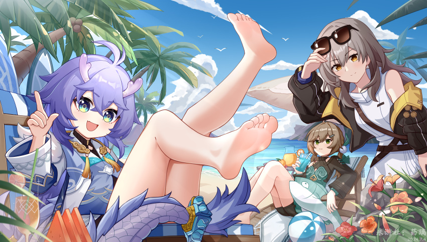 3girls absurdres bailu_(honkai:_star_rail) bare_legs barefoot beach brown_hair dragon_girl eyewear_on_head feet green_eyes highres honkai:_star_rail honkai_(series) legs long_hair multiple_girls open_mouth palm_tree purple_hair qingque_(honkai:_star_rail) sky soles stelle_(honkai:_star_rail) stelle_(world_tour_2023)_(honkai:_star_rail) toes trailblazer_(honkai:_star_rail) tree yaoli_(ysxbd)