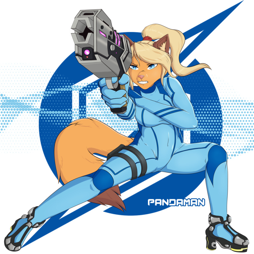 action_pose anthro blue_eyes bodysuit clenched_teeth clothing domestic_cat felid feline felis female footwear foreshortening gun hair high_heels holster mammal metroid metroid_prime nintendo pandaman90 ponytail pose ranged_weapon samus_aran skinsuit solo teeth tight_clothing weapon