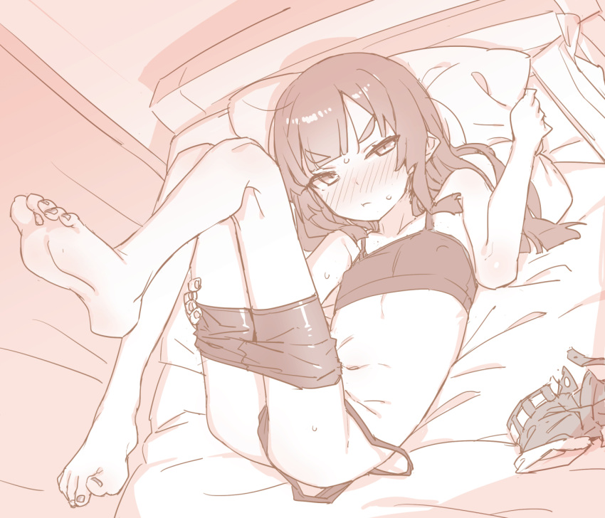 akari_(raigou) bike_shorts blush closed_mouth clothes_pull elf feet female flat_chest holding holding_pillow on_bed original pillow pointy_ears raigou sepia shorts shorts_pull solo sports_bra thick_eyebrows unworn_shorts