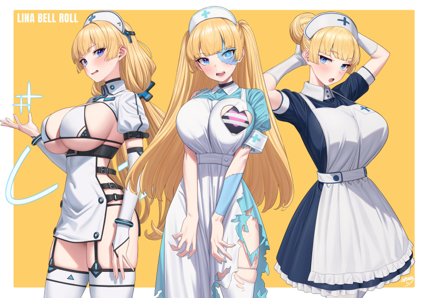 absurdres apron aqua_dress aqua_nails aqua_shirt bikini bikini_top_only black_choker black_dress blonde_hair blue_eyes blue_skin blush breasts bridal_gauntlets bright_pupils choker colored_skin commentary_request covered_navel dress elbow_gloves female fingernails from_side garter_straps gloves hair_bun hair_ornament hat highres large_breasts lina_(michihasu) long_hair looking_at_viewer low_twintails michihasu mismatched_pupils multicolored_eyes multicolored_skin multiple_views nail_polish nurse nurse_cap open_mouth original puffy_short_sleeves puffy_sleeves purple_eyes scar shirt short_sleeves single_hair_bun standing swimsuit thighhighs thighs torn_clothes torn_dress torn_shirt torn_thighhighs translation_request twintails two-tone_skin two_side_up tying_hair underboob wavy_mouth white_bikini white_gloves white_pupils white_thighhighs zombie