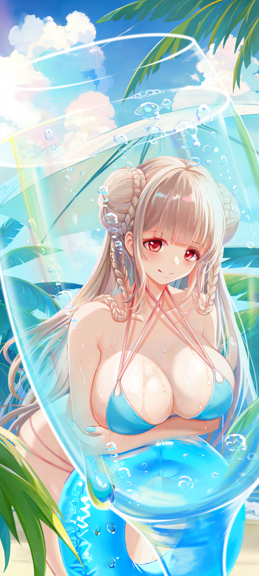 absurdres aqua_bikini aqua_innertube aqua_nails arms_under_breasts azur_lane beach bikini braid braided_bun breasts choker cleavage cloud collarbone criss-cross_halter day double_bun e^(in)+1=0 female formidable_(azur_lane) formidable_(the_lady_of_the_beach)_(azur_lane) hair_bun halterneck highres innertube large_breasts long_hair looking_at_viewer multi-strapped_bikini_bottom multi-strapped_bikini_top nail_polish official_alternate_costume outdoors palm_tree pink_choker red_eyes sand solo swim_ring swimsuit tree very_long_hair water wet