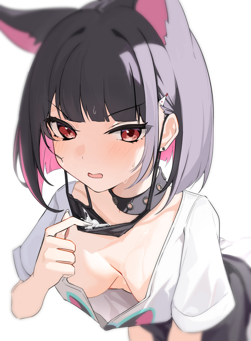 absurdres animal_ears black_collar black_hair black_mask blue_archive blurry breasts breasts_apart cat_ears chinoryuu collar colored_inner_hair commentary cum cum_on_mask earrings extra_ears female highres jewelry kazusa_(band)_(blue_archive) kazusa_(blue_archive) leaning_forward light_blush looking_at_viewer mask mask_pull medium_breasts mouth_mask multicolored_hair no_bra official_alternate_costume open_mouth pink_hair red_eyes shirt short_hair short_sleeves simple_background solo stud_earrings sweat upper_body white_background white_shirt