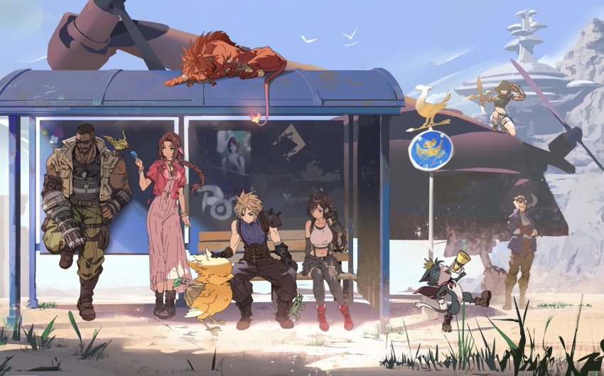 3girls 5boys aerith_gainsborough aircraft airship arm_cannon barret_wallace bench bird bus_stop cait_sith_(ff7) cape chocobo cid_highwind cloud_strife crown dark-skinned_male dark_skin final_fantasy final_fantasy_vii final_fantasy_vii_rebirth final_fantasy_vii_remake gatling_gun goggles goggles_on_head highres jacket jimbobox megaphone multiple_boys multiple_girls on_bench petting red_xiii sabotender shuriken sitting sunglasses suspenders tifa_lockhart weapon yuffie_kisaragi