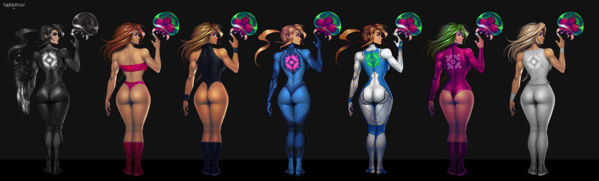 absurdres alternate_color ass back black_leotard bodysuit boots bra brown_hair danderfull from_behind green_hair hair_down highres justin_bailey legs_together leotard long_hair metroid metroid_(classic) metroid_(creature) metroid_2:_return_of_samus metroid_dread metroid_fusion multiple_persona official_alternate_costume panties ponytail samus_aran sleeveless standing super_metroid underwear zero_suit