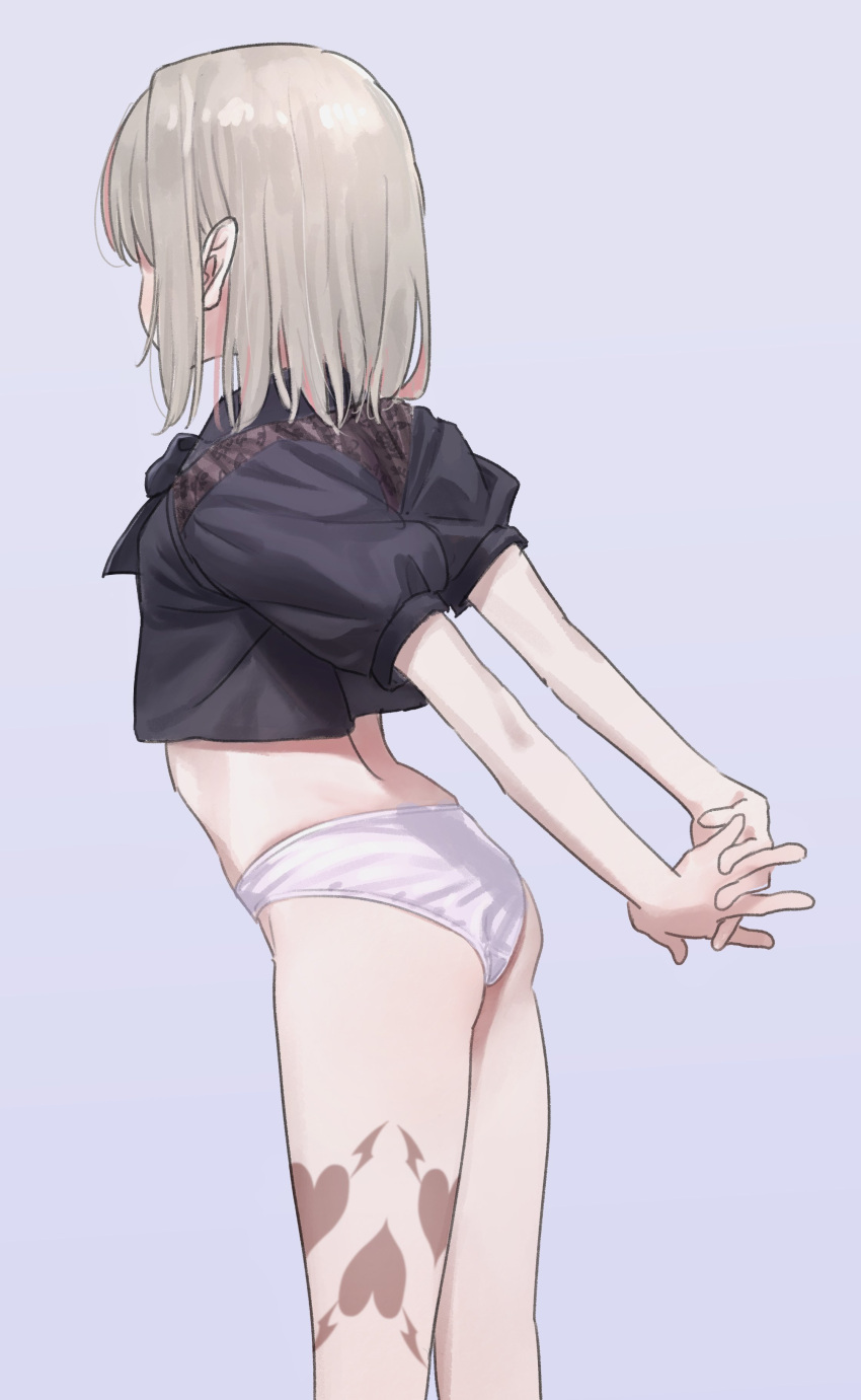 absurdres arms_behind_back ass bare_arms bare_legs black_shirt commentary cowboy_shot crop_top facing_away female from_behind from_side grey_background grey_hair heart heart_tattoo highres interlocked_fingers leg_tattoo makaino_ririmu multicolored_hair nijisanji no_pants own_hands_together panties pink_hair pointy_ears puffy_short_sleeves puffy_sleeves sabamen shirt short_hair short_sleeves simple_background solo streaked_hair stretching tattoo two-tone_hair underwear virtual_youtuber white_panties