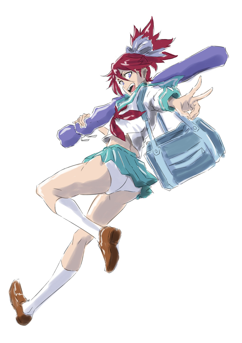 :d abarai_ichika absurdres alternate_costume ass bag bleach bleach:_epilogue blue_eyes blue_ribbon blue_sailor_collar blue_skirt brown_footwear commentary dutch_angle female from_behind full_body hair_ribbon happy highres kneehighs loafers long_hair long_sleeves looking_at_viewer looking_back miniskirt neckerchief open_mouth outstretched_arm panties pantyshot pleated_skirt ponytail rakusakugk red_hair red_neckerchief ribbon sailor_collar school_uniform serafuku shirt shoes shoulder_bag simple_background skirt smile socks solo teeth underwear v white_background white_panties white_shirt white_socks