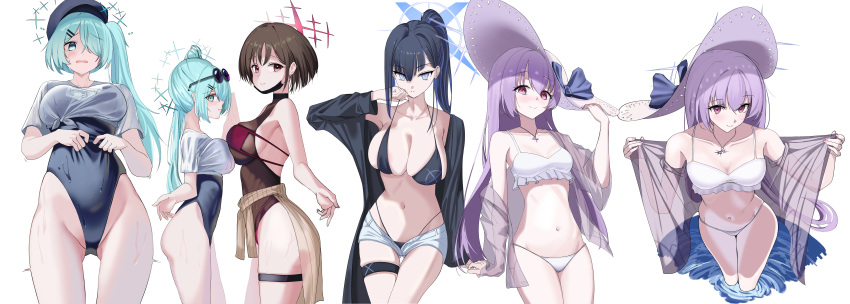 4girls absurdres arius_squad_(blue_archive) ass ass_visible_through_thighs atsuko_(blue_archive) atsuko_(swimsuit)_(blue_archive) bikini black_bikini black_coat black_hair black_hat black_one-piece_swimsuit blue_archive blue_eyes blue_hair blush breasts brown_eyes brown_jacket cabbie_hat cleavage closed_mouth clothes_around_waist coat collarbone crying crying_with_eyes_open eyewear_on_head frilled_bikini frills green_eyes green_hair green_halo groin hair_over_one_eye halo hat highleg highleg_swimsuit highres hiyori_(blue_archive) jacket jacket_around_waist jewelry large_breasts long_hair looking_at_viewer misaki_(blue_archive) mooruck4 multicolored_hair multiple_girls multiple_views navel official_alternate_costume one-piece_swimsuit open_clothes open_coat open_mouth pendant ponytail purple_hair purple_halo red_bikini red_halo saori_(blue_archive) school_swimsuit see-through see-through_jacket see-through_shirt see-through_sleeves shirt short_hair short_shorts short_sleeves shorts side_ponytail simple_background sun_hat sunglasses swimsuit swimsuit_under_clothes tears thigh_strap white_background white_bikini white_hat white_shirt white_shorts zoom_layer