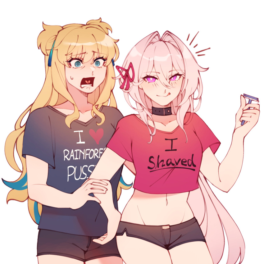 2girls :p absurdres black_gloves black_shirt black_shorts blonde_hair bow double_bun english_commentary english_text gloves hair_bun hairbow highres honkai_(series) honkai_impact_3rd multicolored_hair multiple_girls print_shirt razor red_shirt shirt shorts songque_(honkai_impact) streaked_hair surprised sweatdrop thelema_(honkai_impact) tongjimonci tongue tongue_out upper_body white_background white_hair wide-eyed yuri