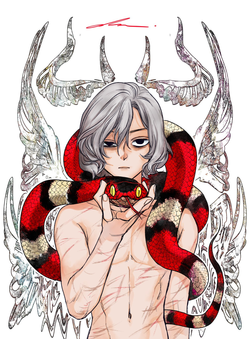 1boy animal arianna_327 bags_under_eyes black_eyes dungeon_meshi elf expressionless grey_hair highres holding holding_animal lazy_eye looking_at_viewer male_focus mithrun multiple_scars navel notched_ear pointy_ears scar short_hair snake snake_bondage snake_on_shoulder solo straight-on tail tail_wrap toned toned_male tongue tongue_out topless_male uneven_eyes upper_body wavy_hair white_background yellow_eyes