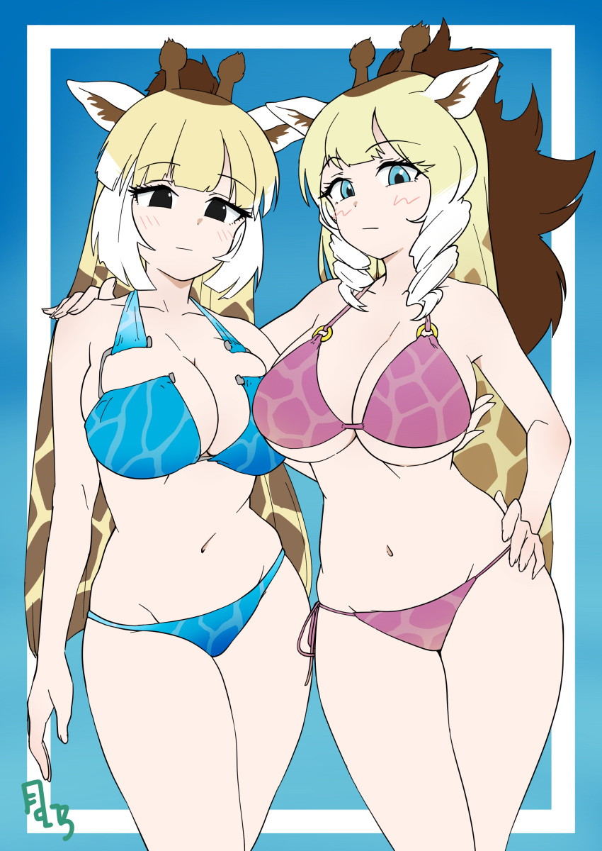 2girls absurdres animal_ears animal_print bikini blonde_hair blush breasts brown_hair giraffe_ears giraffe_girl giraffe_horns giraffe_print giraffe_tail highres horns kemono_friends kyonin_dofu large_breasts long_hair looking_at_viewer multicolored_hair multiple_girls reticulated_giraffe_(kemono_friends) rothschild's_giraffe_(kemono_friends) swimsuit tail white_hair